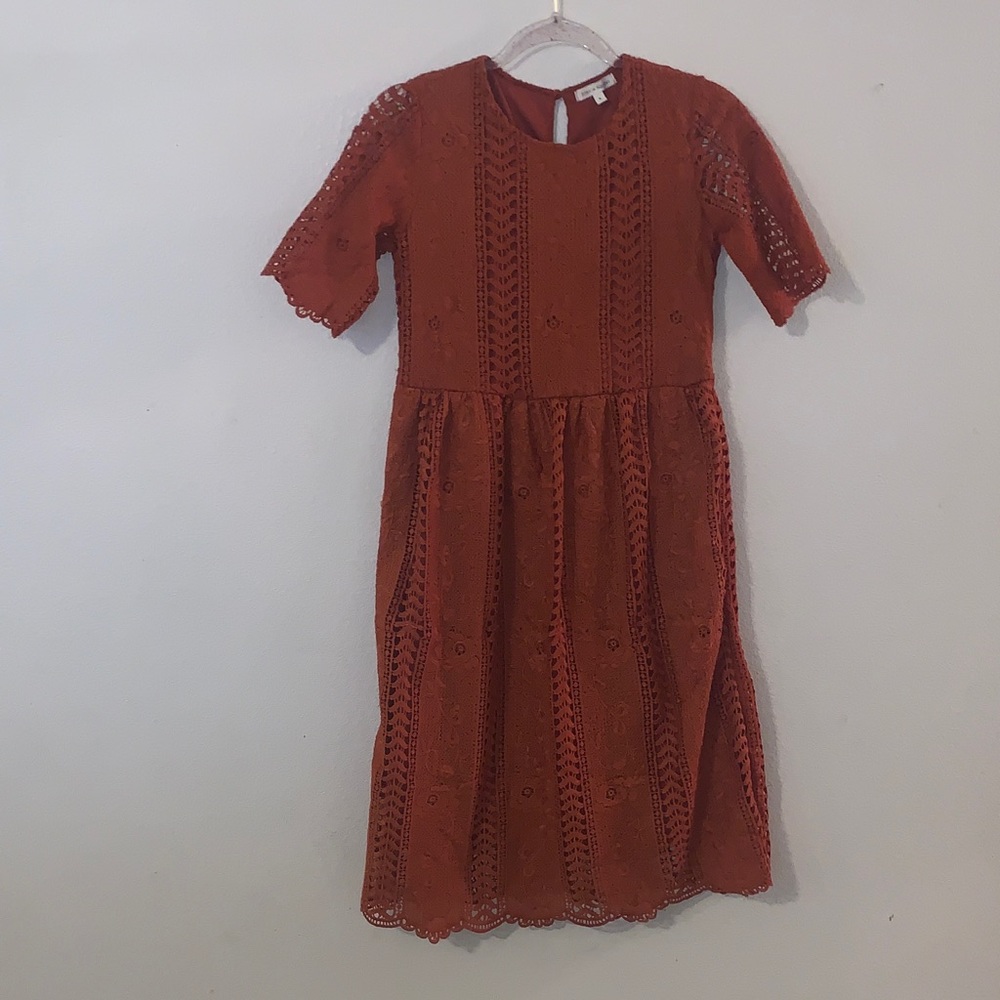 Stevie Hender Burnt Orange Lace Dress Short Sleeve Midi